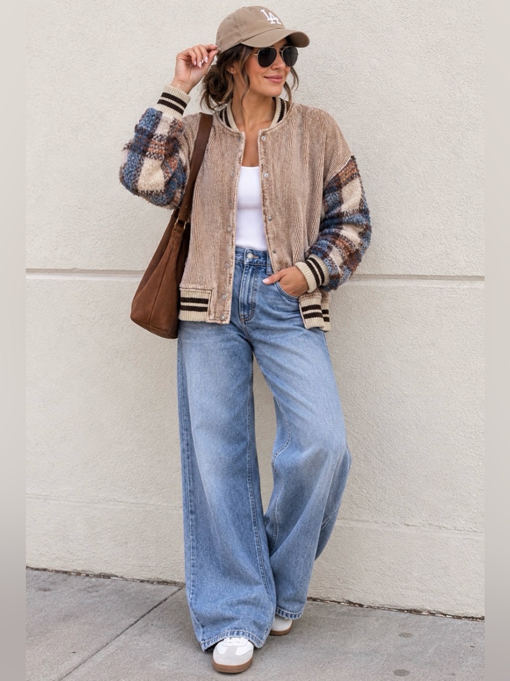 Mazik Tan Corduroy Bomber with Plaid Fuzzy Sleeves